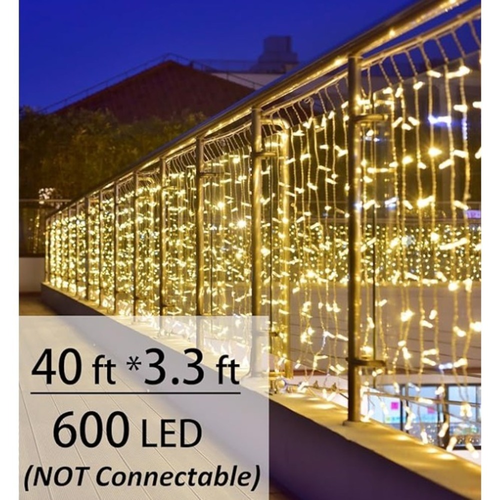 Solhice LED Curtain Lights Outside 40ft x 3ft for Backyard, 600 LED Plug in